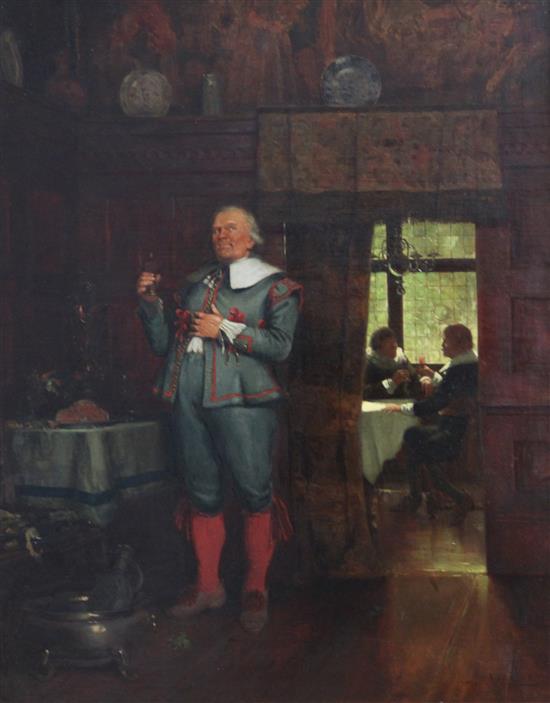 S Lewin (19th C.) 17th century interior with gentlemen enjoying a glass of wine 20.5 x16in.